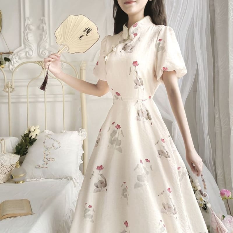 Puff Sleeve Mandarin Collar Floral Print Midi A-Line Dress