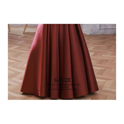 Puff-Sleeve Mesh Panel Plain A-Line Evening Gown