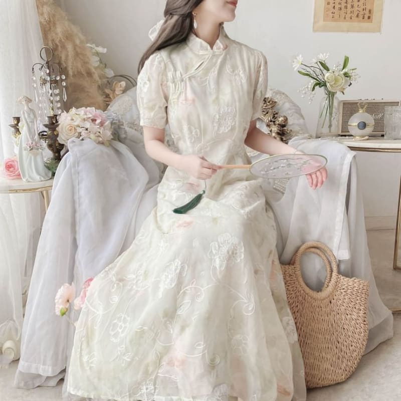 Puff-Sleeve Mock Neck Floral Maxi A-Line Dress