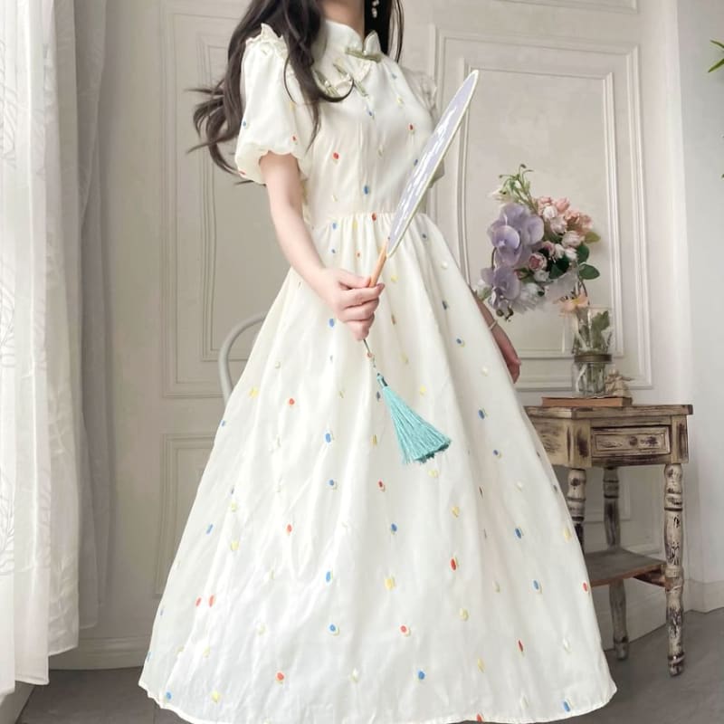 Puff-Sleeve Mock Neck Flower Embroidered Ruffle Midi A-Line