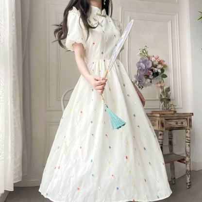 Puff-Sleeve Mock Neck Flower Embroidered Ruffle Midi A-Line