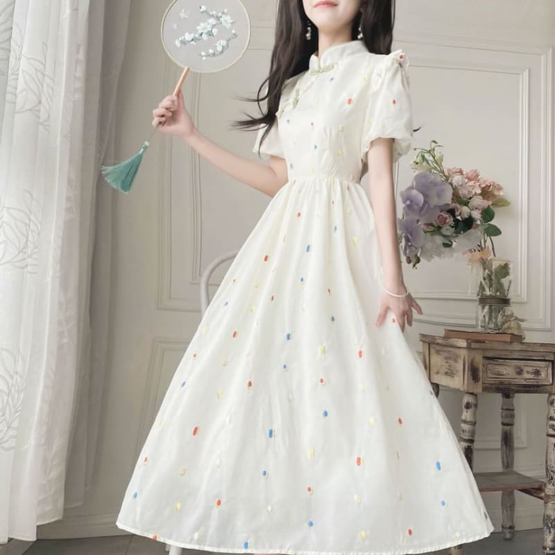 Puff-Sleeve Mock Neck Flower Embroidered Ruffle Midi A-Line