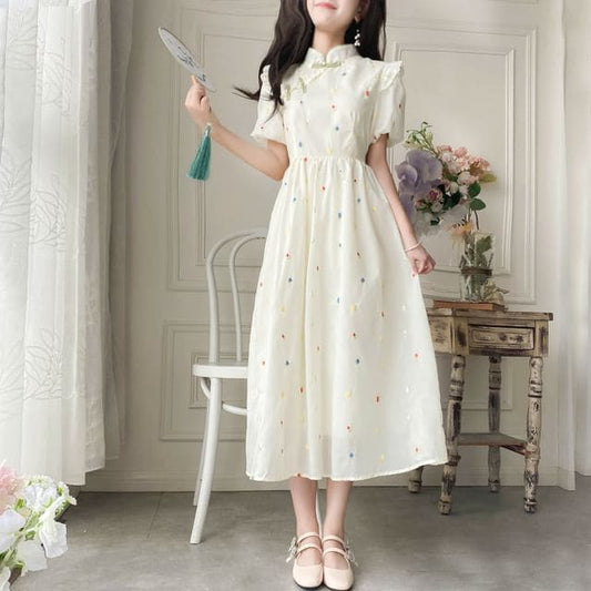 Puff-Sleeve Mock Neck Flower Embroidered Ruffle Midi A-Line