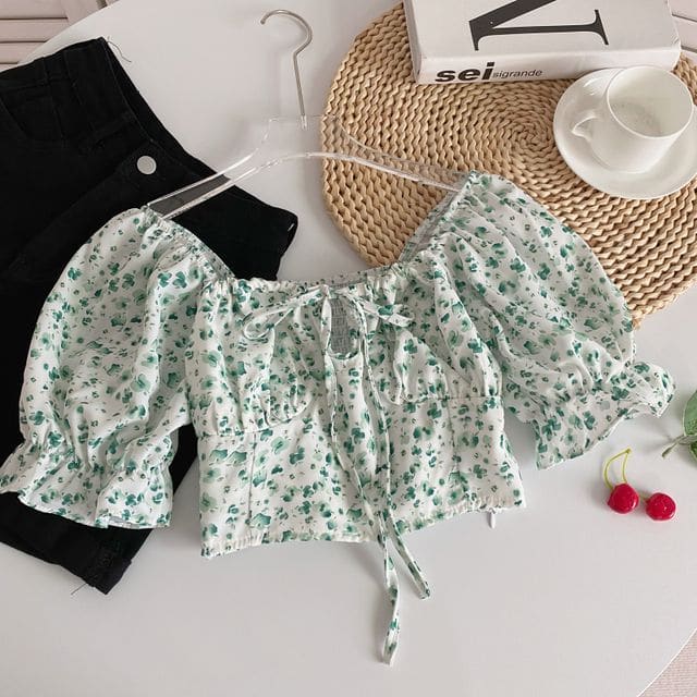 Puff-Sleeve Off Shoulder Crop Blouse - Green Floral - White