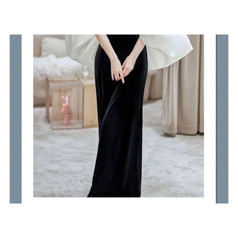 Puff Sleeve Off Shoulder Two Tone Velvet A-Line Evening Gown