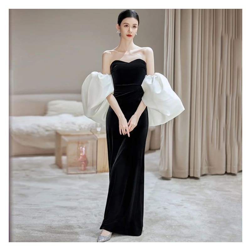 Puff Sleeve Off Shoulder Two Tone Velvet A-Line Evening Gown