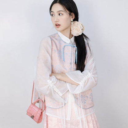 Puff-Sleeve Plain Blouse / Frog Buttoned Hanfu Vest / High