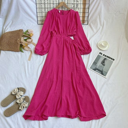 Puff-Sleeve Plain Cutout Midi A-Line Dress - Rose Pink