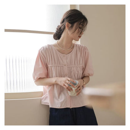 Puff-Sleeve Plain Shirred Faux Pearl Buttoned Blouse