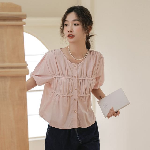 Puff-Sleeve Plain Shirred Faux Pearl Buttoned Blouse - Pink