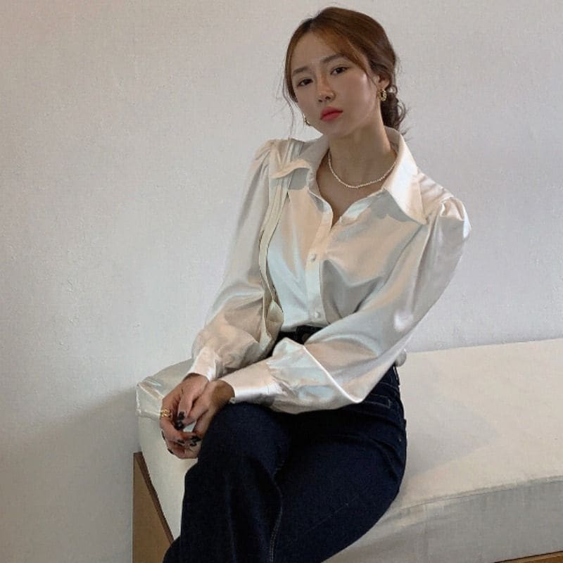 Puff Sleeve Plain Silk Blouse