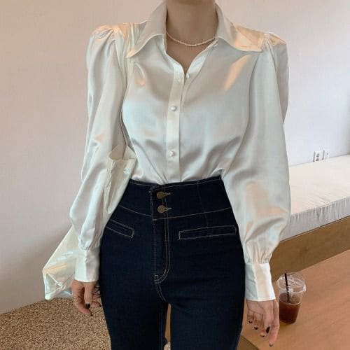 Puff Sleeve Plain Silk Blouse