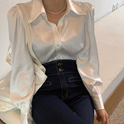 Puff Sleeve Plain Silk Blouse