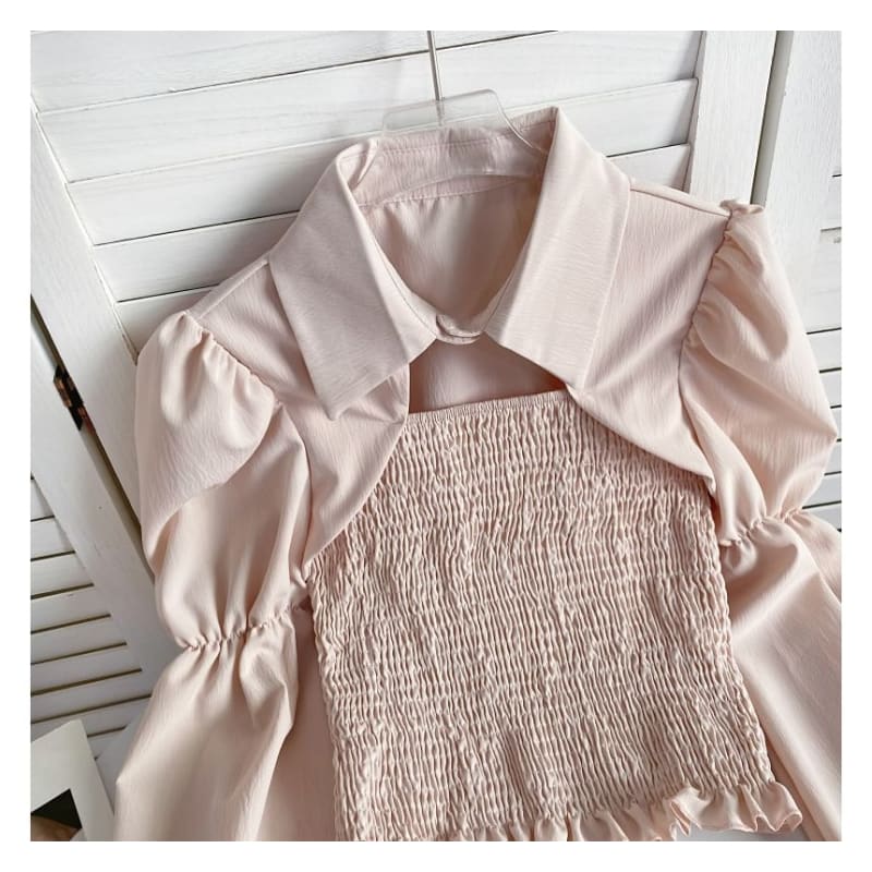 Puff-Sleeve Plain Smocked Shirred Blouse