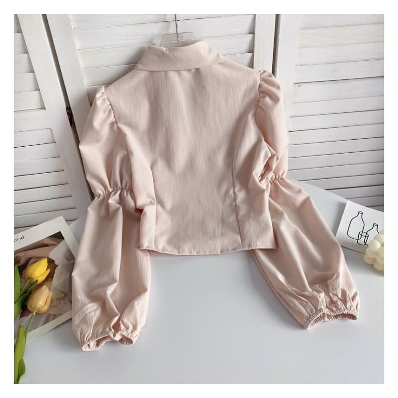 Puff-Sleeve Plain Smocked Shirred Blouse