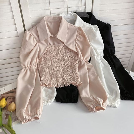 Puff-Sleeve Plain Smocked Shirred Blouse