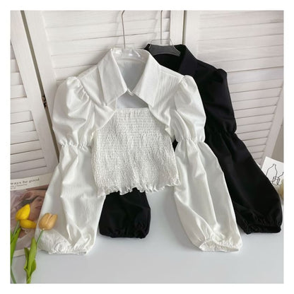 Puff-Sleeve Plain Smocked Shirred Blouse