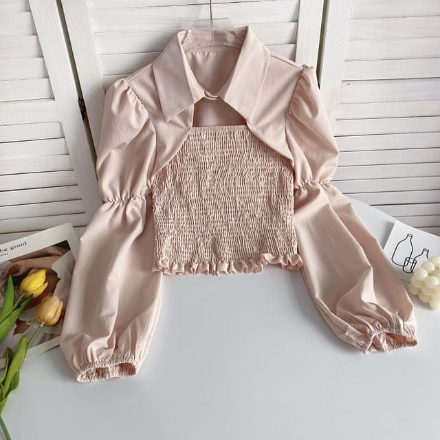 Puff-Sleeve Plain Smocked Shirred Blouse - Light Pink