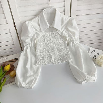 Puff-Sleeve Plain Smocked Shirred Blouse - White / One Size