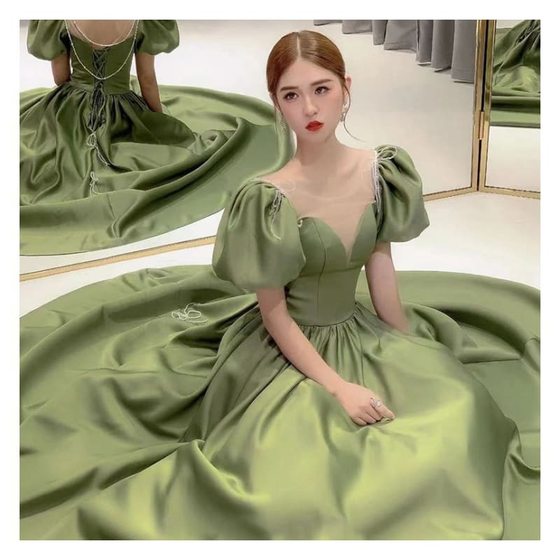 Puff Sleeve Scoop Neck Faux Pearl Beaded Mesh Panel Satin