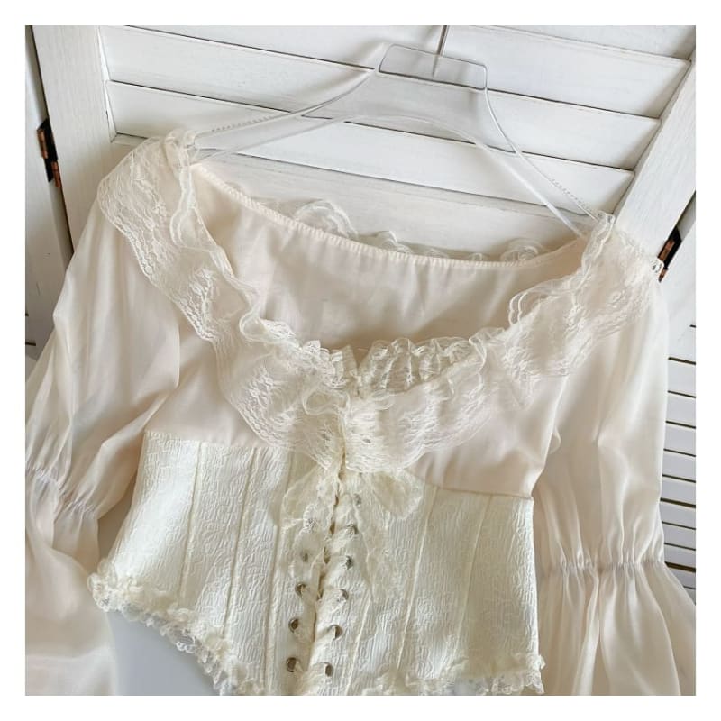 Puff-Sleeve Scoop Neck Lace Ruffle Lace-Up Crop Blouse