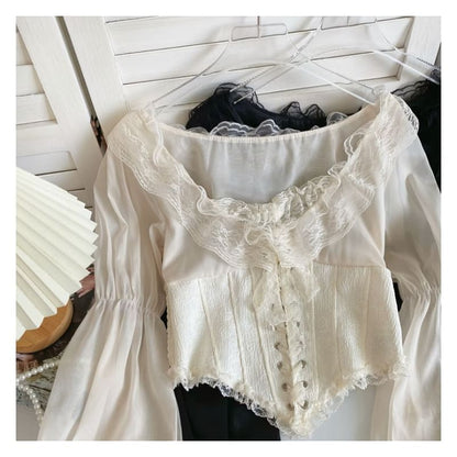 Puff-Sleeve Scoop Neck Lace Ruffle Lace-Up Crop Blouse