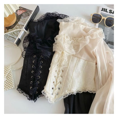 Puff-Sleeve Scoop Neck Lace Ruffle Lace-Up Crop Blouse