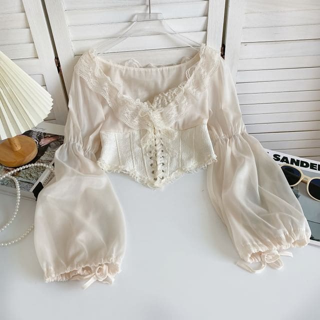 Puff-Sleeve Scoop Neck Lace Ruffle Lace-Up Crop Blouse