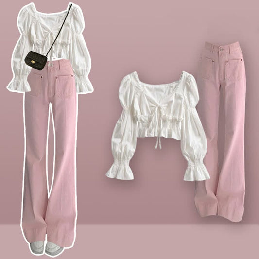 Puff Sleeve Shirt Flared Pink Denim Pants Set - Set / M