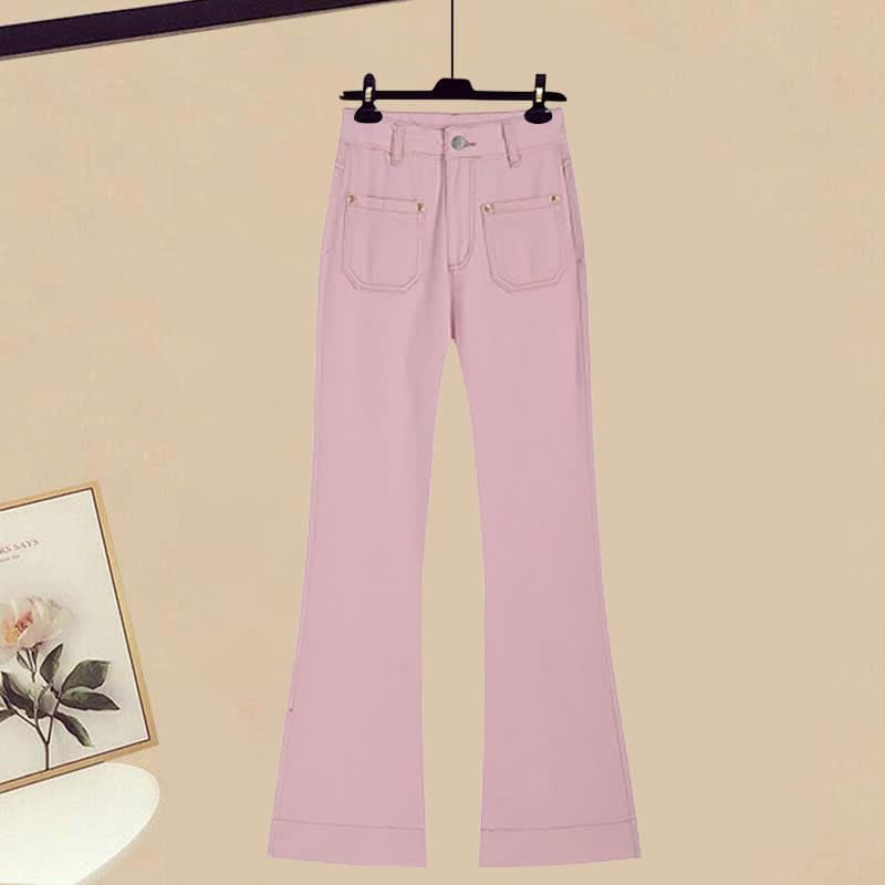 Puff Sleeve Shirt Flared Pink Denim Pants Set - Pants / M