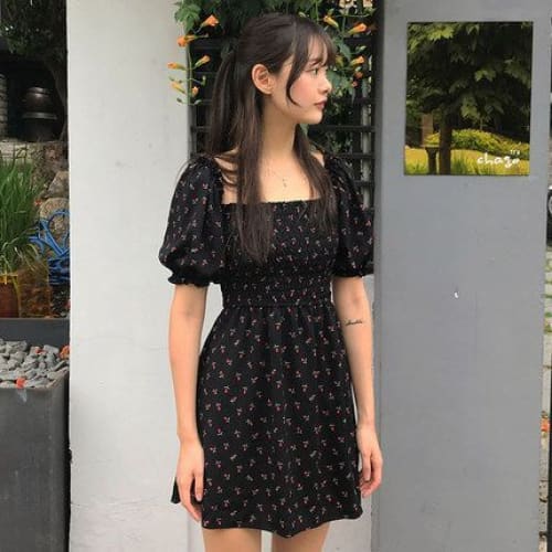 Puff Sleeve Square Neck Floral Mini Smock Dress