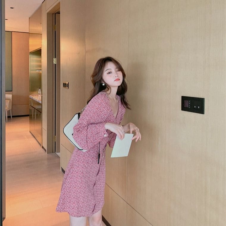 Puff Sleeve Square Neck Floral Print Mini Chiffon Dress