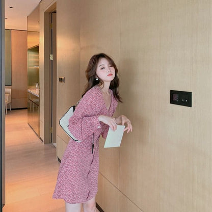 Puff Sleeve Square Neck Floral Print Mini Chiffon Dress