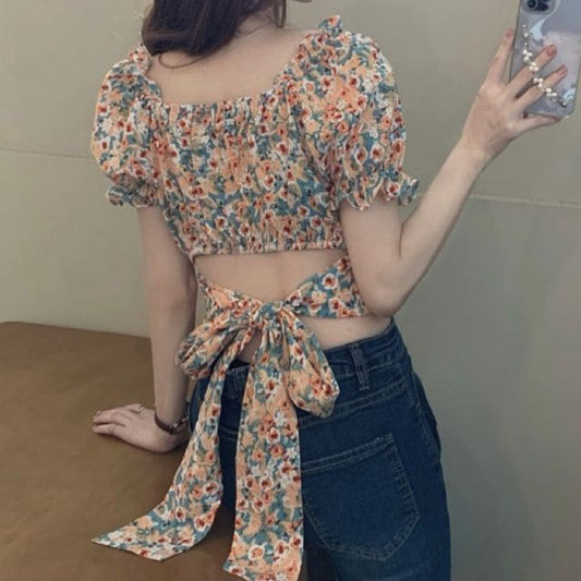 Puff-Sleeve Square-Neck Floral Print Ruffled Bow Back Crop