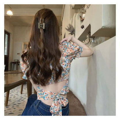 Puff-Sleeve Square-Neck Floral Print Ruffled Bow Back Crop