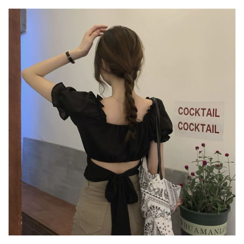 Puff-Sleeve Square-Neck Floral Print Ruffled Bow Back Crop