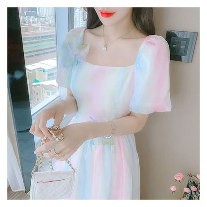 Puff Sleeve Square Neck Gradient Flower Detail A-Line Dress