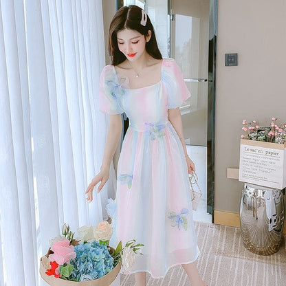 Puff Sleeve Square Neck Gradient Flower Detail A-Line Dress