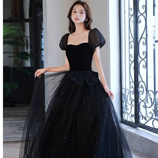 Puff-Sleeve Square-Neck Lace-Up Back A-Line Evening Gown