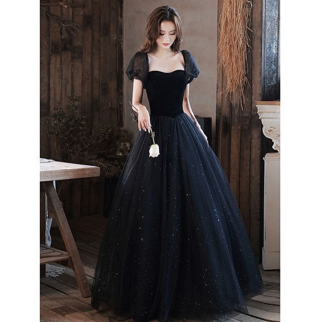 Puff-Sleeve Square-Neck Lace-Up Back A-Line Evening Gown