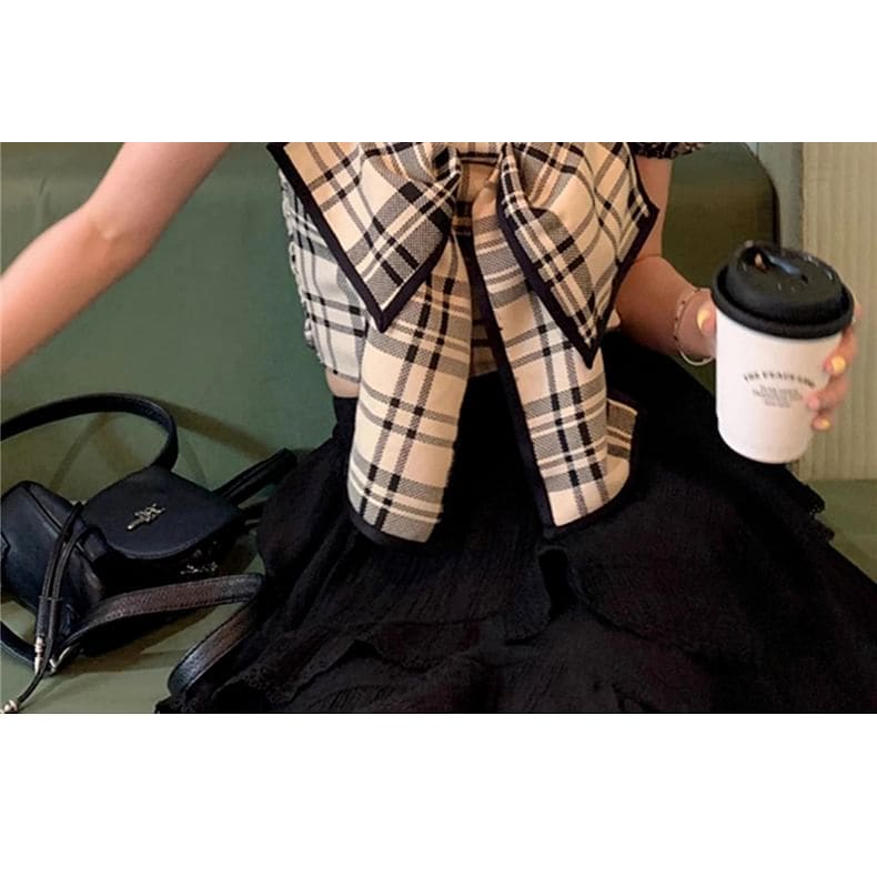 Puff Sleeve Square Neck Plaid Bow Blouse - Plaid - Black