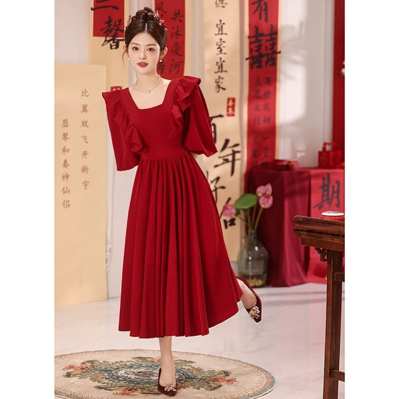 Puff-Sleeve Square Neck Plain A-Line Evening Gown