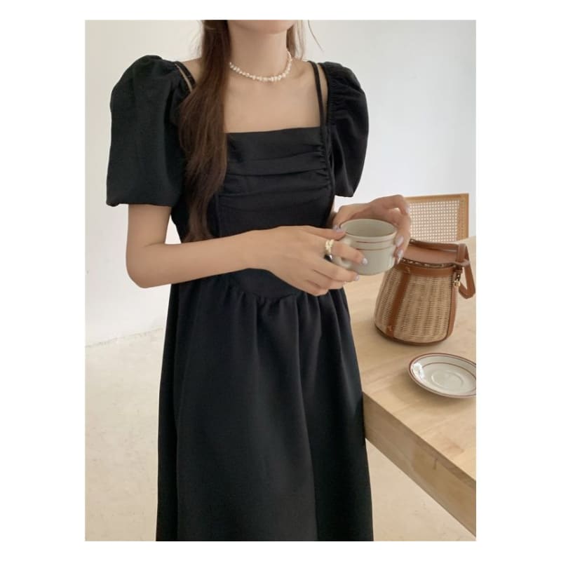 Puff-Sleeve Square Neck Plain Midi A-Line Dress