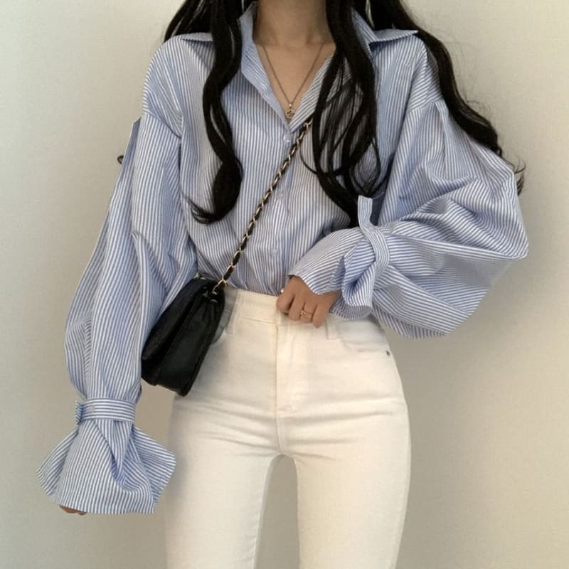 Puff-Sleeve Striped Button-Up Blouse