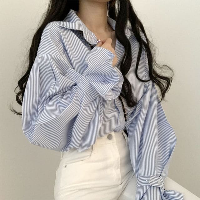 Puff-Sleeve Striped Button-Up Blouse - Blue / M