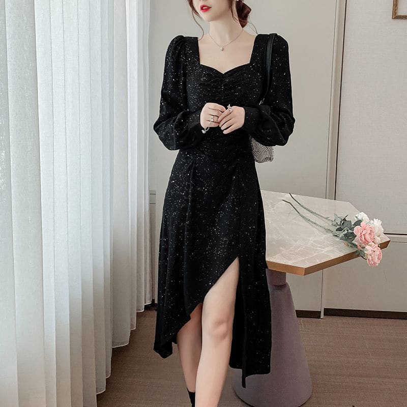 Puff Sleeve Sweetheart Slit