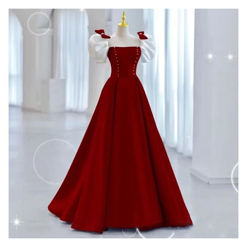 Puff-Sleeve Two Tone Bow A-Line Evening Gown