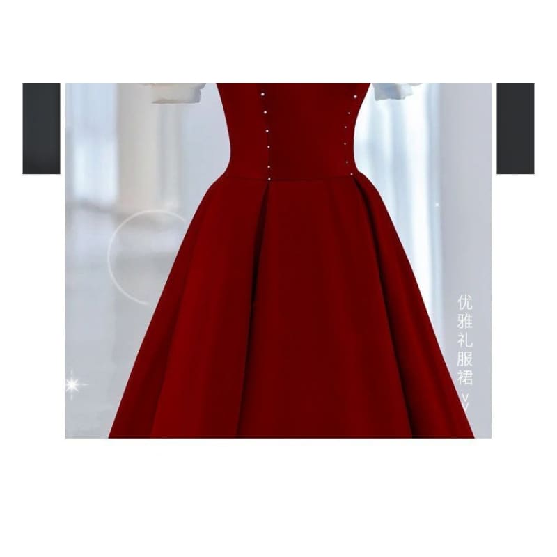 Puff-Sleeve Two Tone Bow A-Line Evening Gown