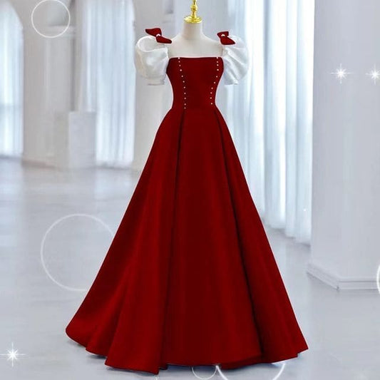 Puff-Sleeve Two Tone Bow A-Line Evening Gown