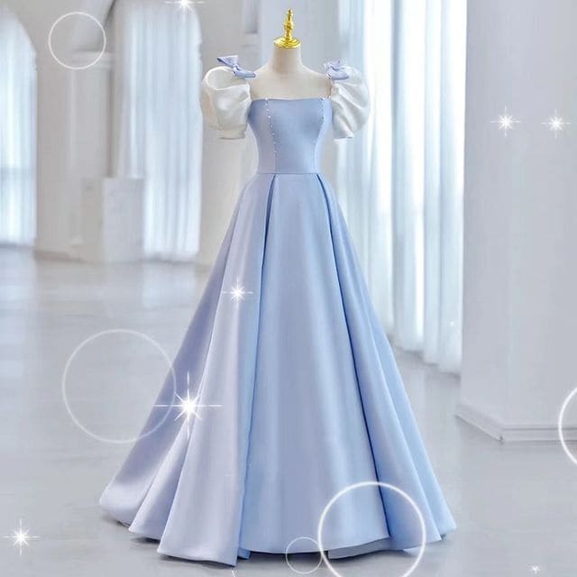 Puff-Sleeve Two Tone Bow A-Line Evening Gown - Sky Blue